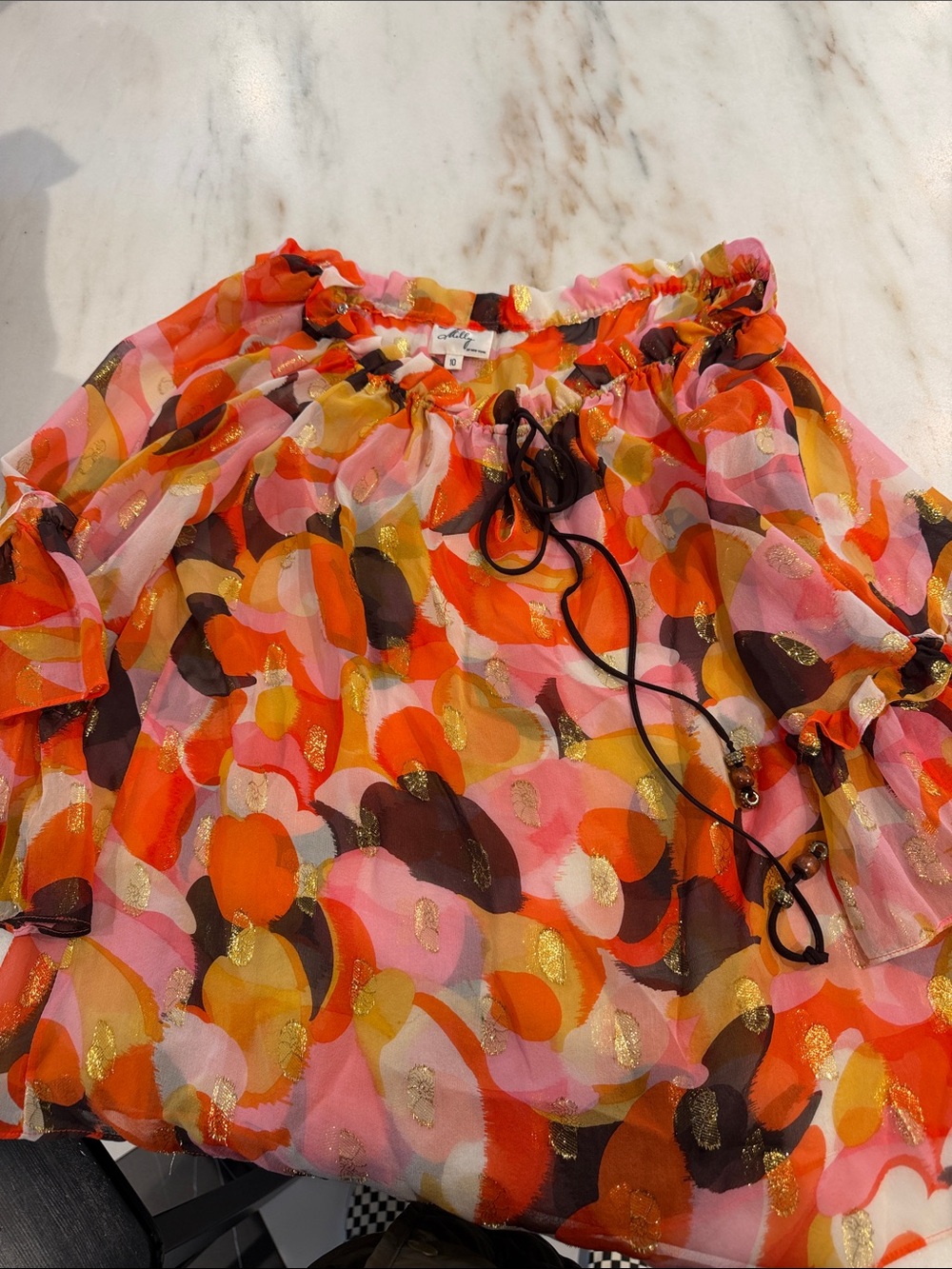 Milly Multicolor Pink Orange Gold Abstract Peasant Blouse